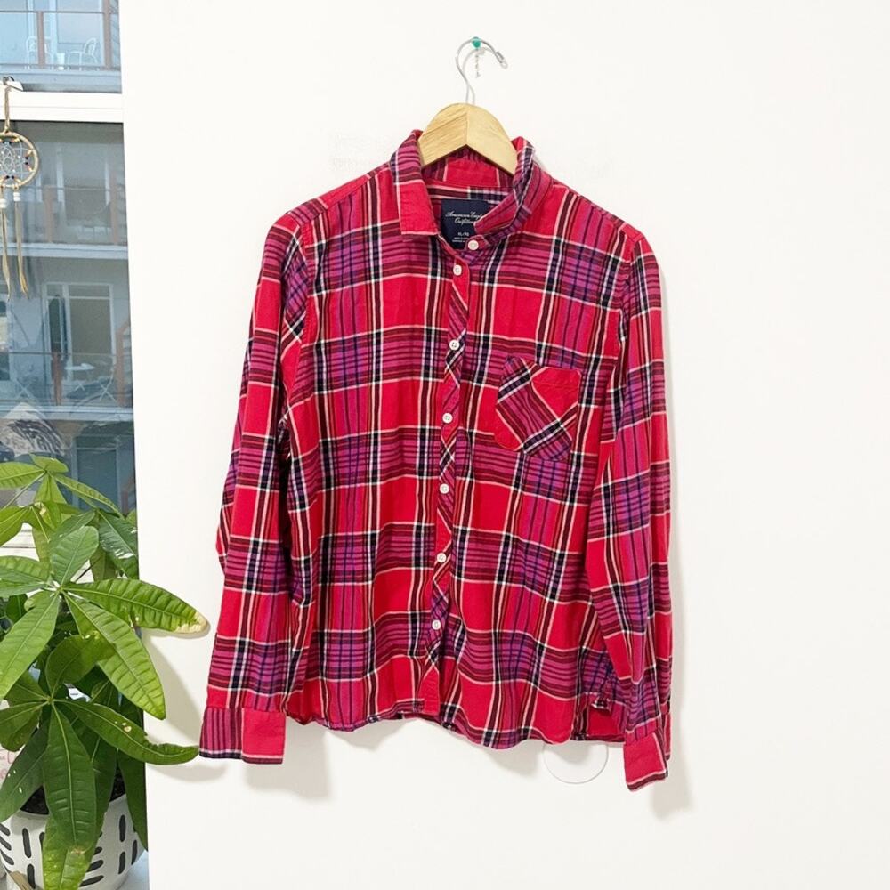 American Eagle Red Plaid Button Up Flannel Long Sleeve Size XL